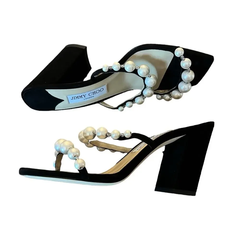Jimmy Choo Amara 85mm Pearl Straps Suede Block Heels Mules NEW EU 35 US 5